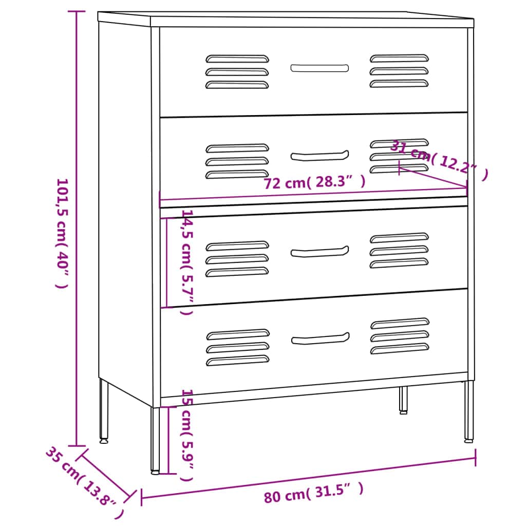White Chest of Drawers Steel Cabinet Ball Bearing Runners Storage Unit