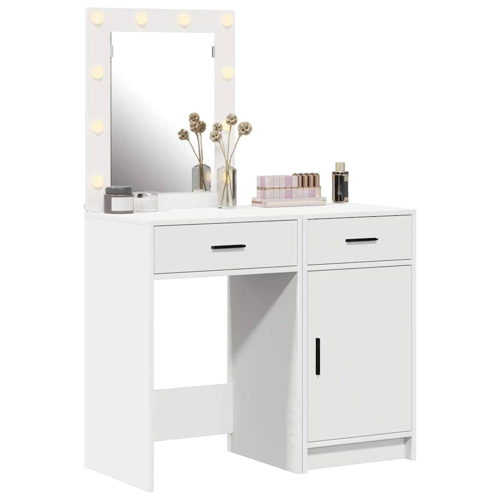 White Dressing Table Set 2 Piece LED Lights Drawer Engineered Wood Vanity Desk