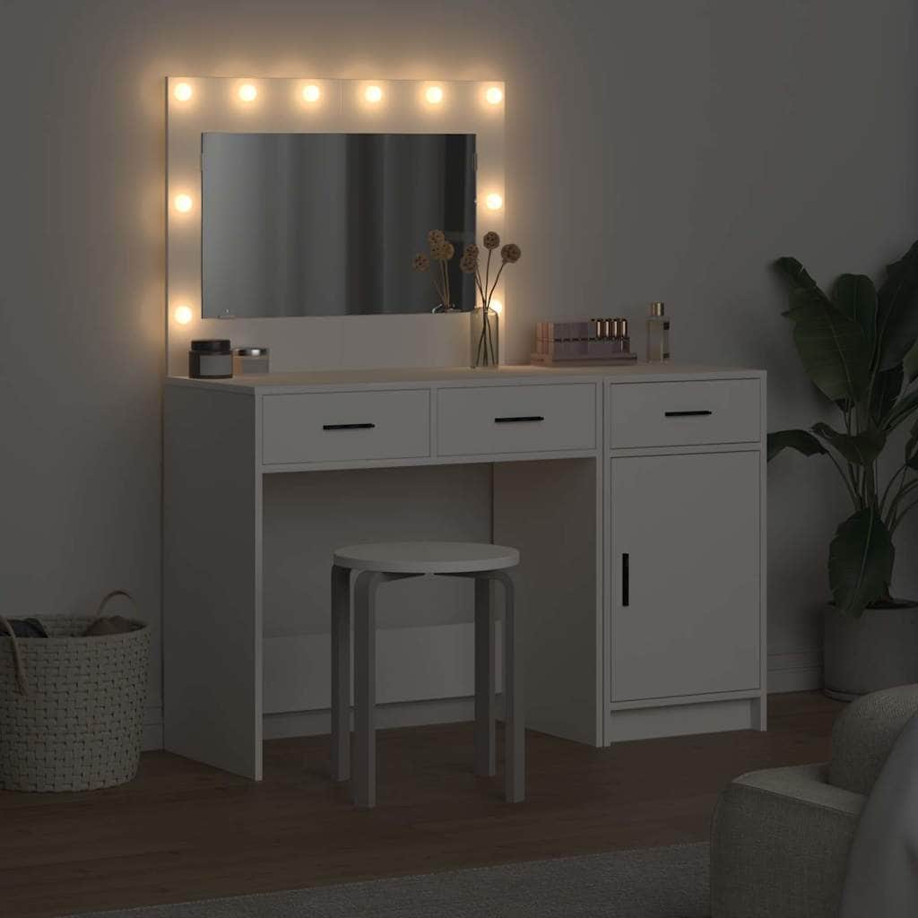 White Dressing Table Set 2 Piece LED Lights Drawer Engineered Wood Vanity Unit