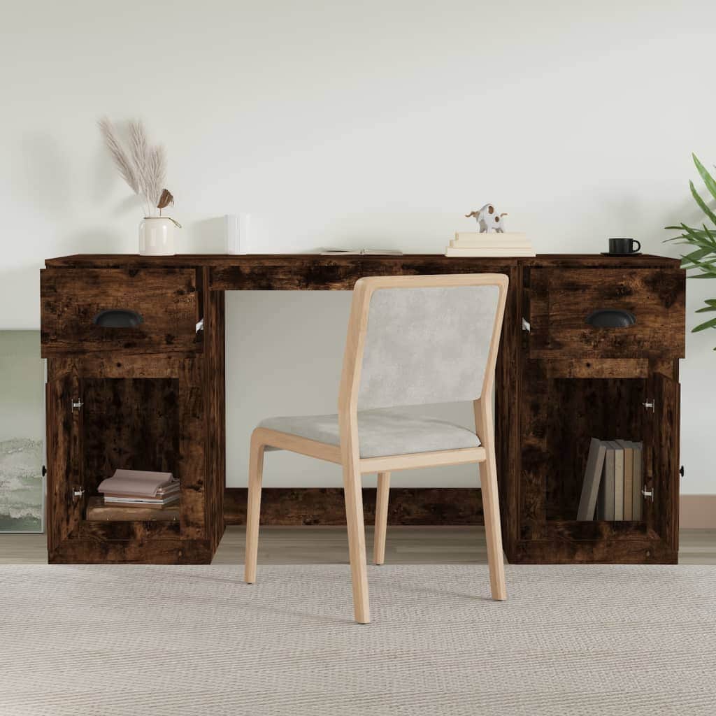 White Engineered Wood Desk with Cabinet