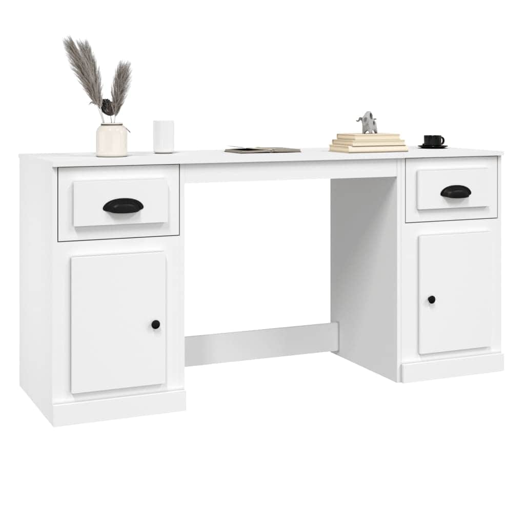 White Engineered Wood Desk with Cabinet