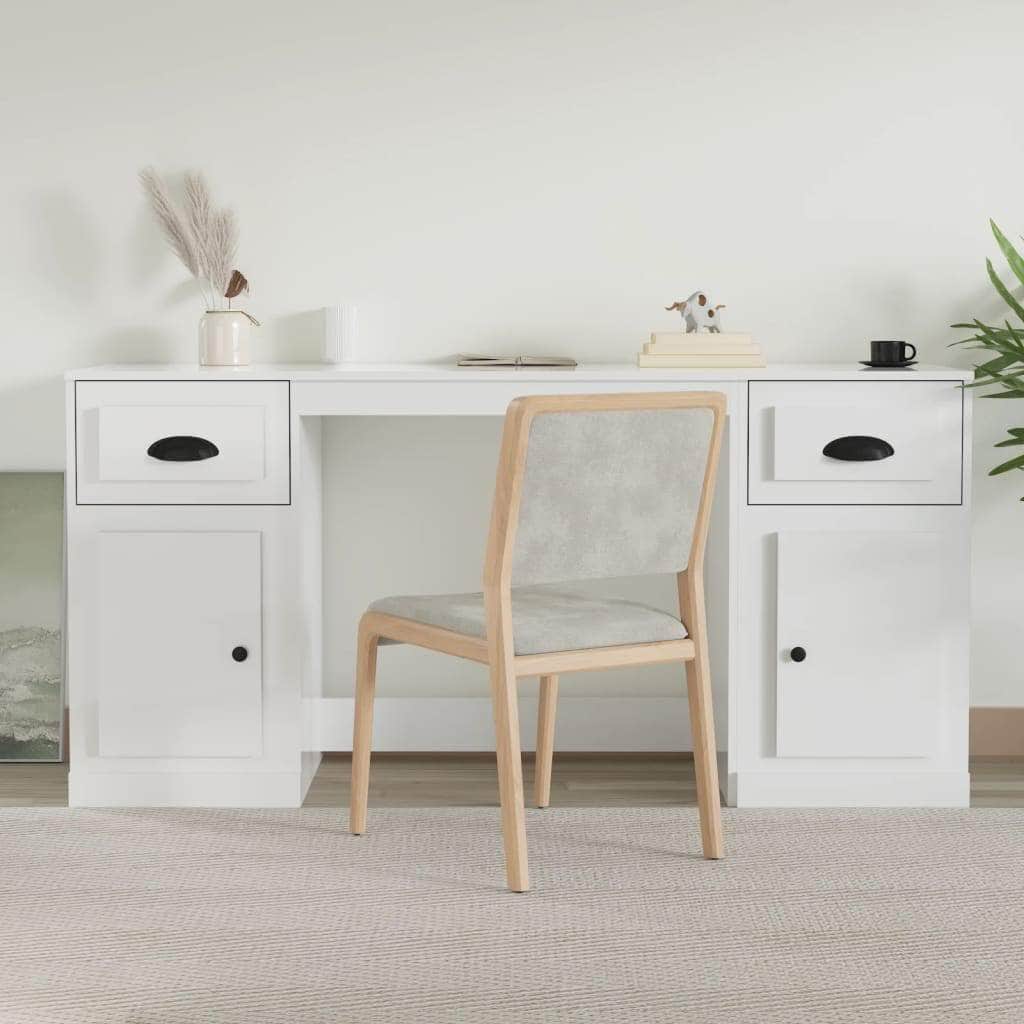 White Engineered Wood Desk with Cabinet