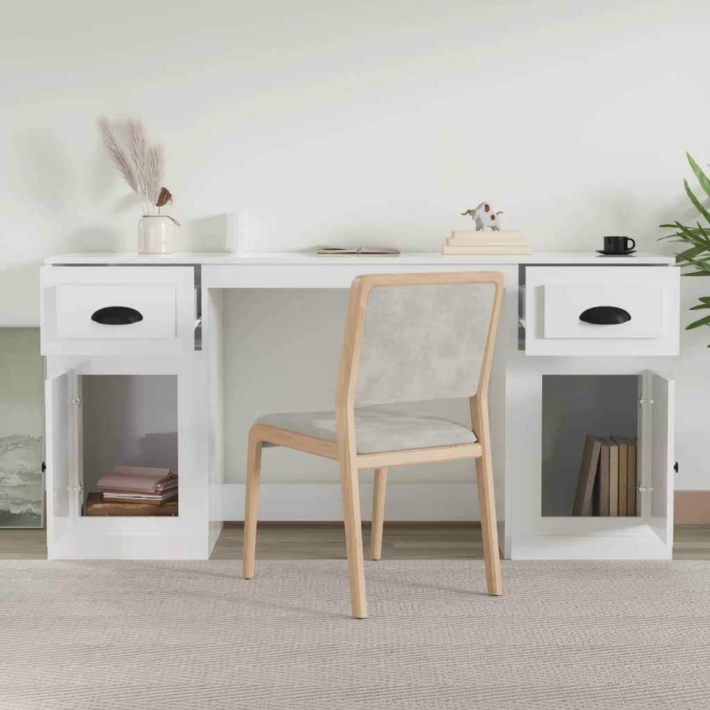 White Engineered Wood Desk with Cabinet