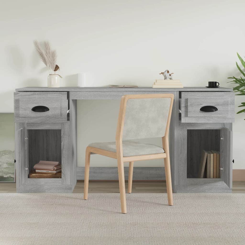 White Engineered Wood Desk with Cabinet