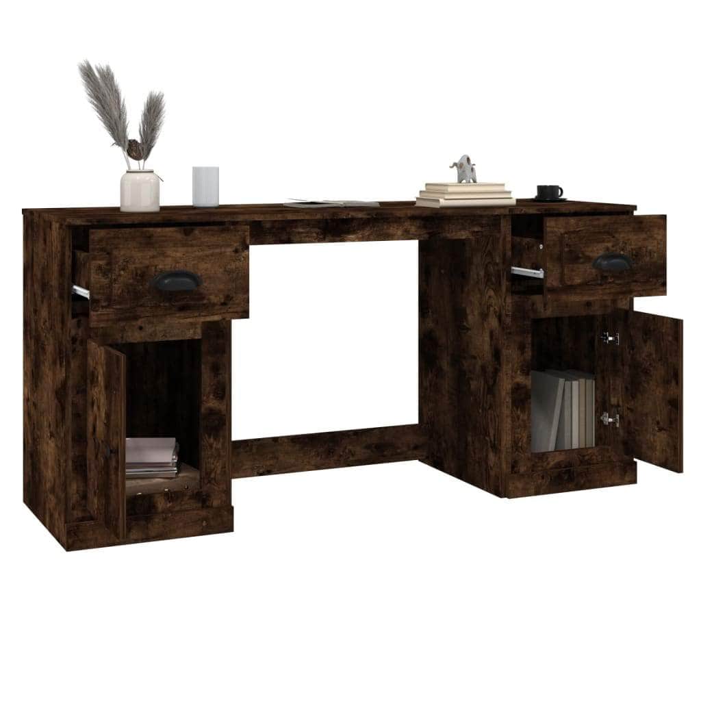 White Engineered Wood Desk with Cabinet
