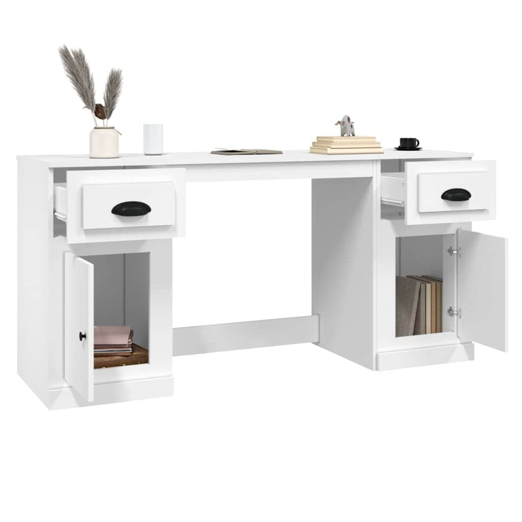 White Engineered Wood Desk with Cabinet