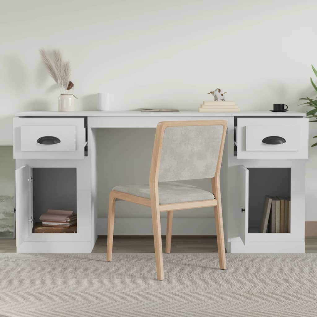 White Engineered Wood Desk with Cabinet