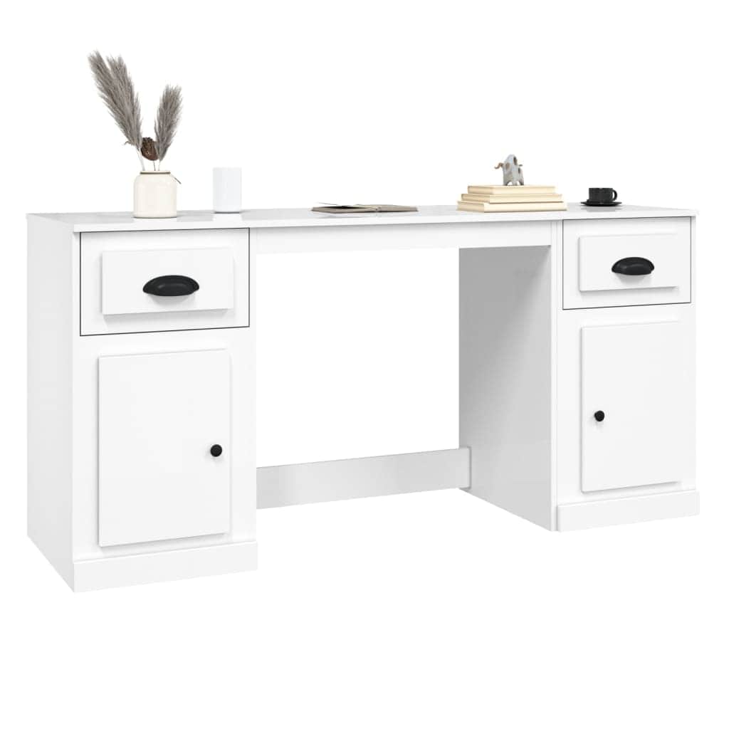 White Engineered Wood Desk with Cabinet