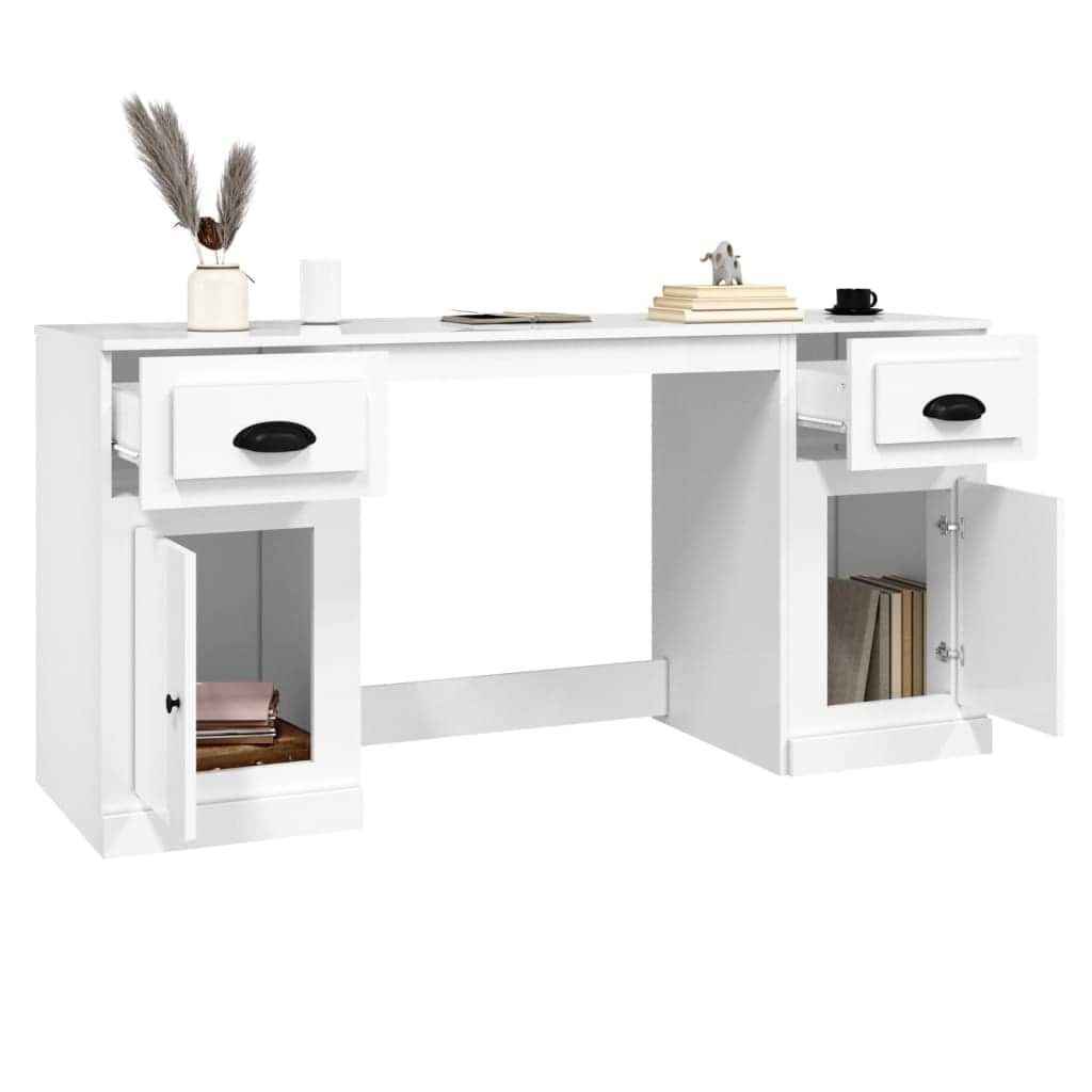 White Engineered Wood Desk with Cabinet