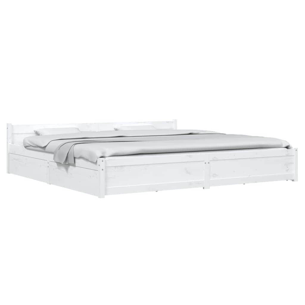 White King Bed Frame with Drawers Solid Pine Wood Storage Headboard