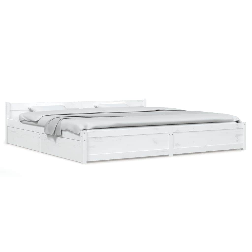White King Bed Frame with Drawers Solid Pine Wood Storage Headboard