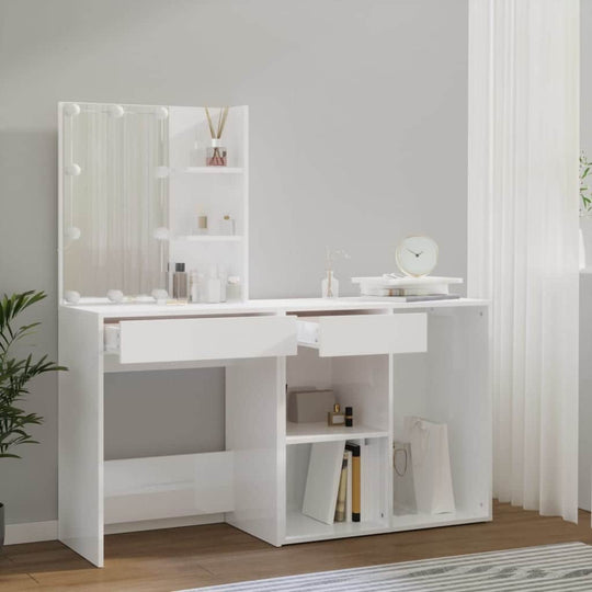 Wood finish - White LED Dressing Table with Cabinet Engineered Wood Storage Vanity Unit