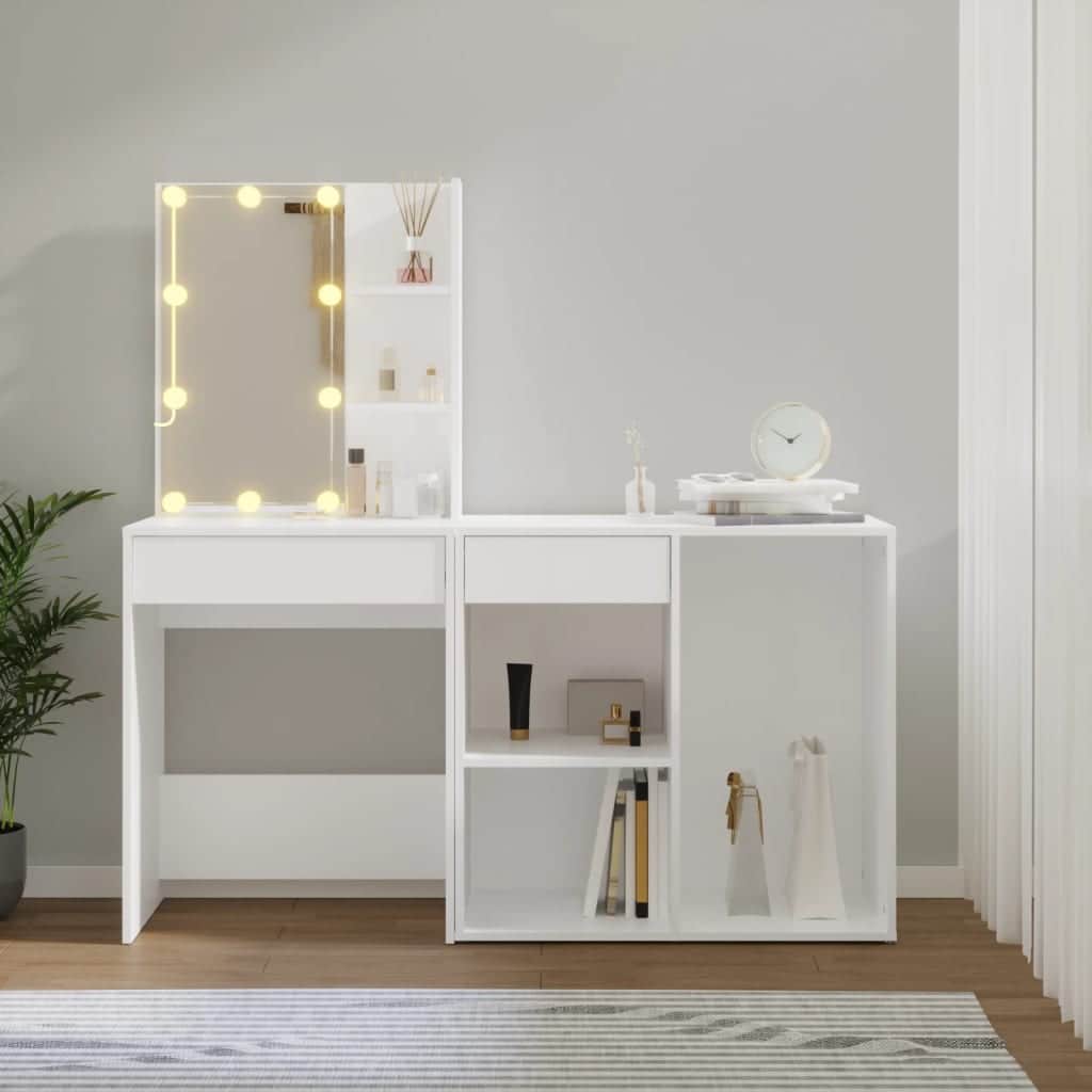 White LED Dressing Table with Cabinet Engineered Wood Storage Vanity Unit