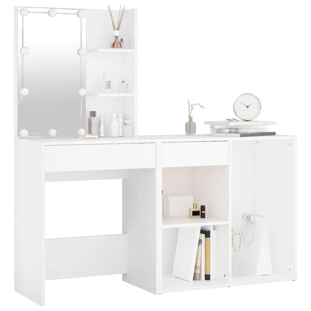 White LED Dressing Table with Cabinet Engineered Wood Storage Vanity Unit