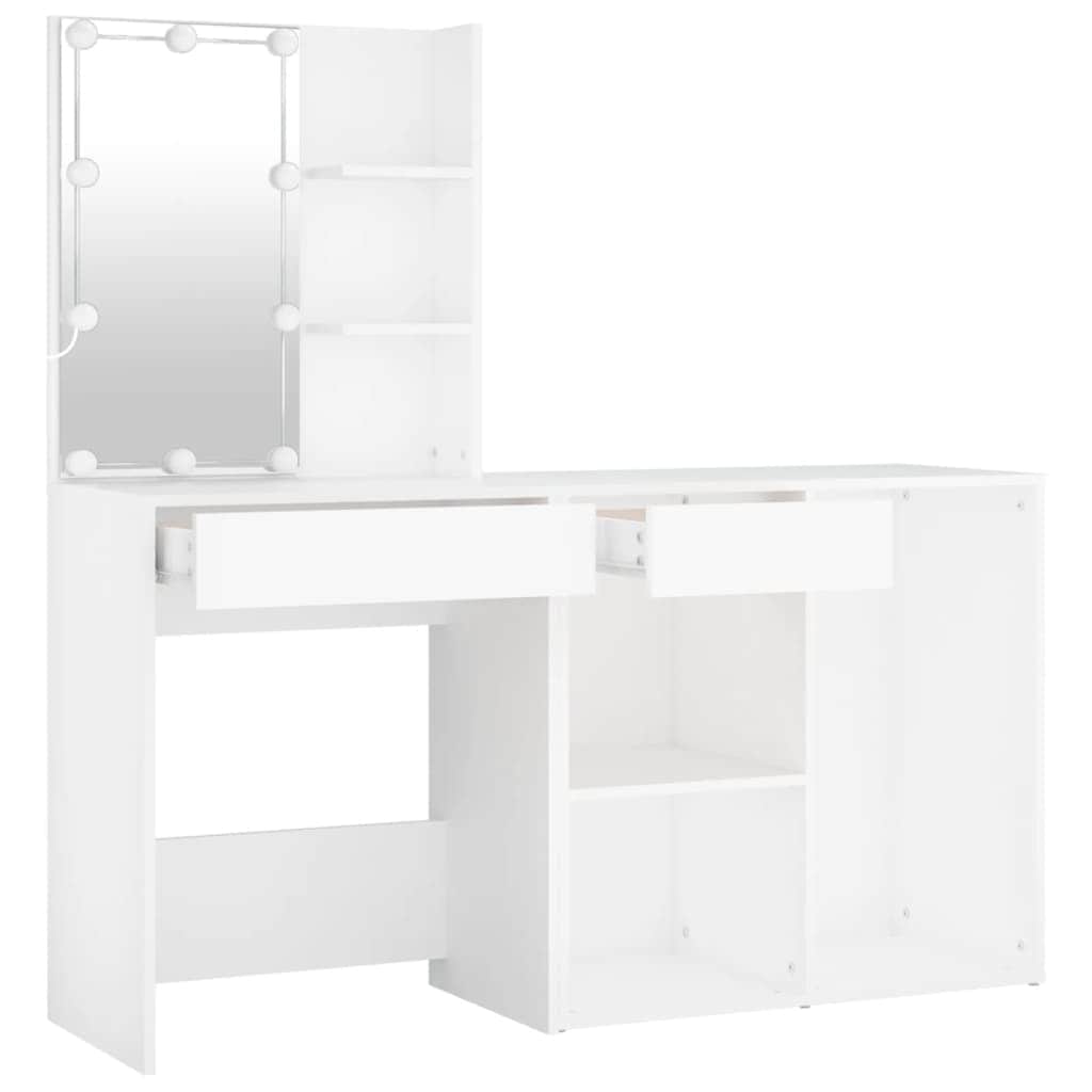 White LED Dressing Table with Cabinet Engineered Wood Storage Vanity Unit