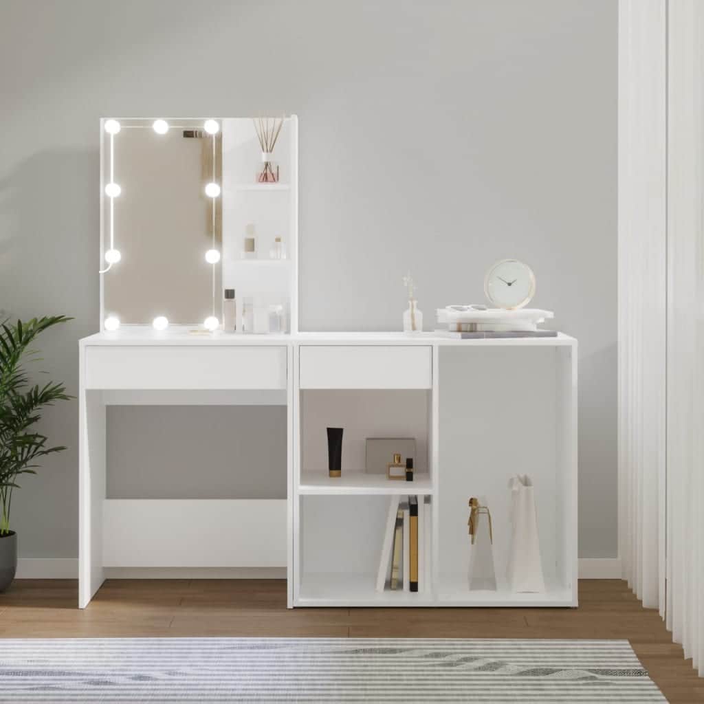 White LED Dressing Table with Cabinet Engineered Wood Storage Vanity Unit