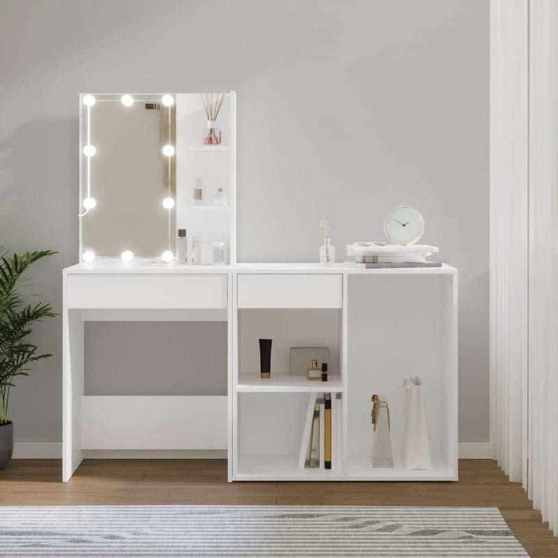 White LED Dressing Table with Cabinet Engineered Wood