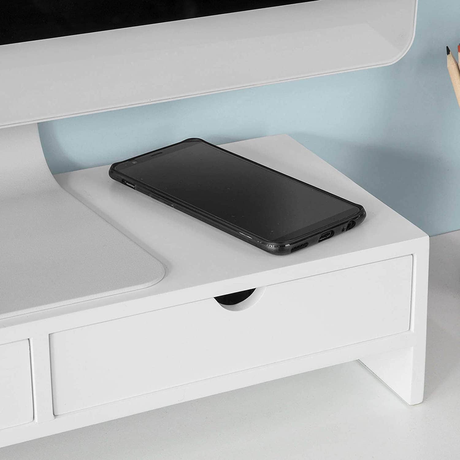 White Monitor Stand Desk Organizer With 2 Drawers