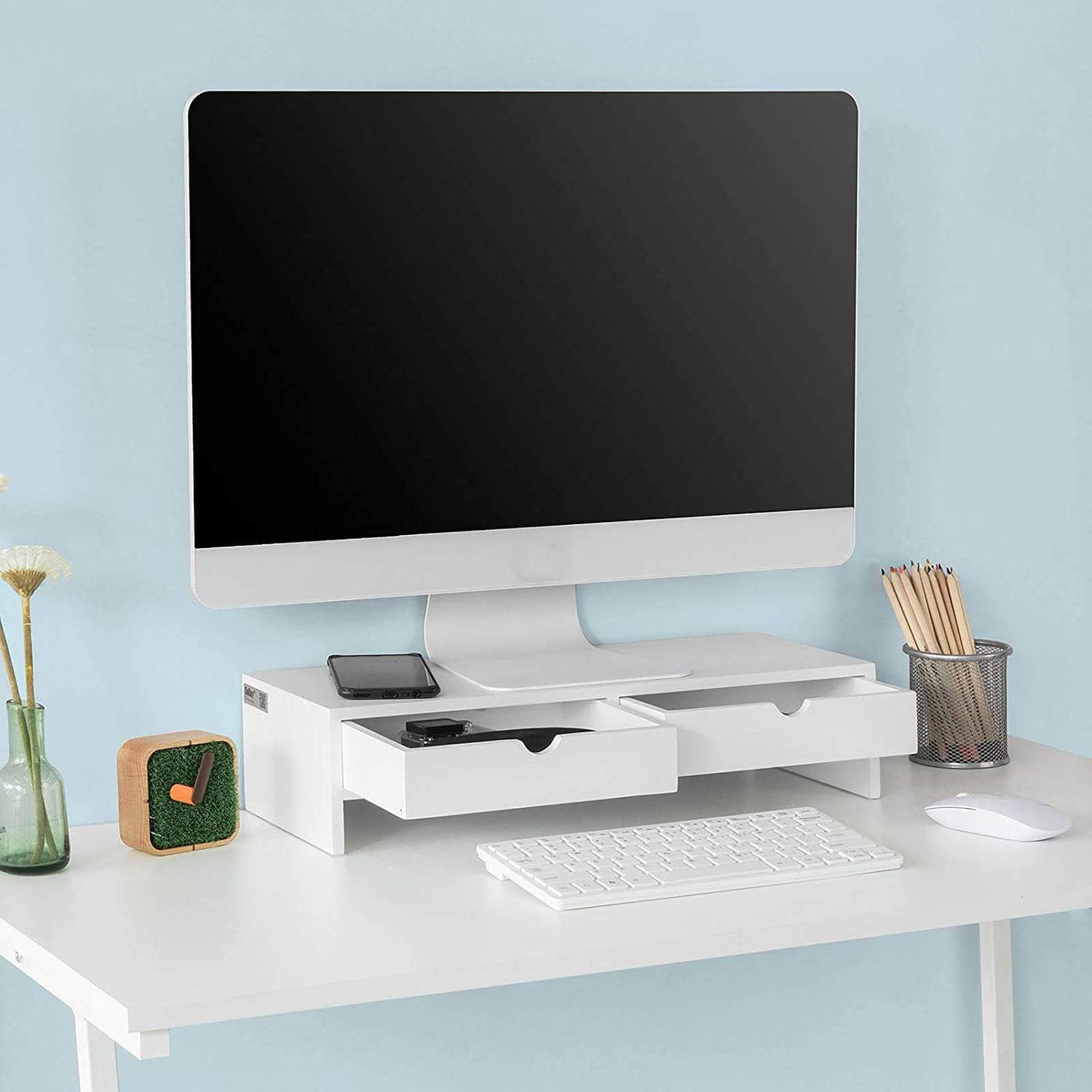 White Monitor Stand Desk Organizer With 2 Drawers