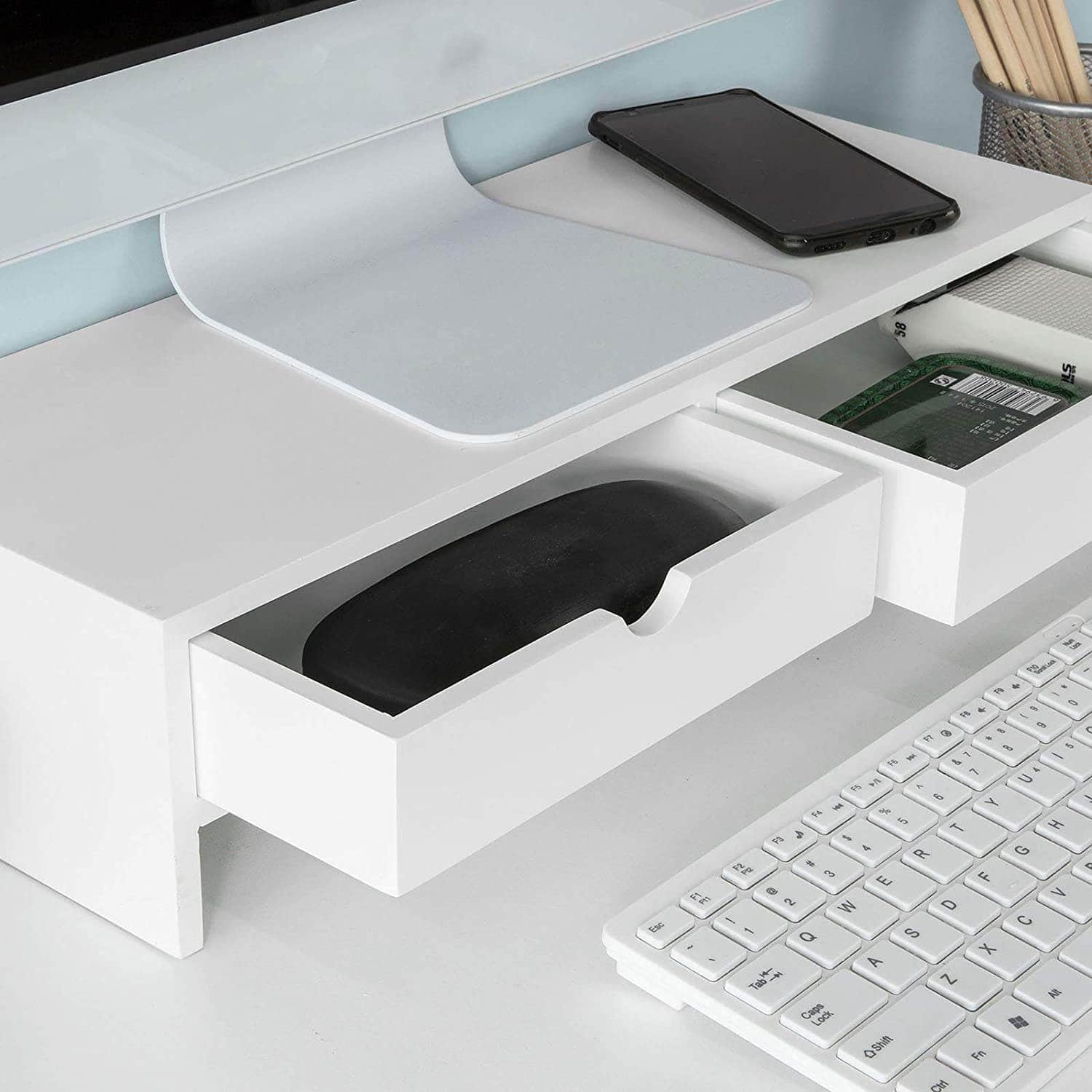 White Monitor Stand Desk Organizer With 2 Drawers