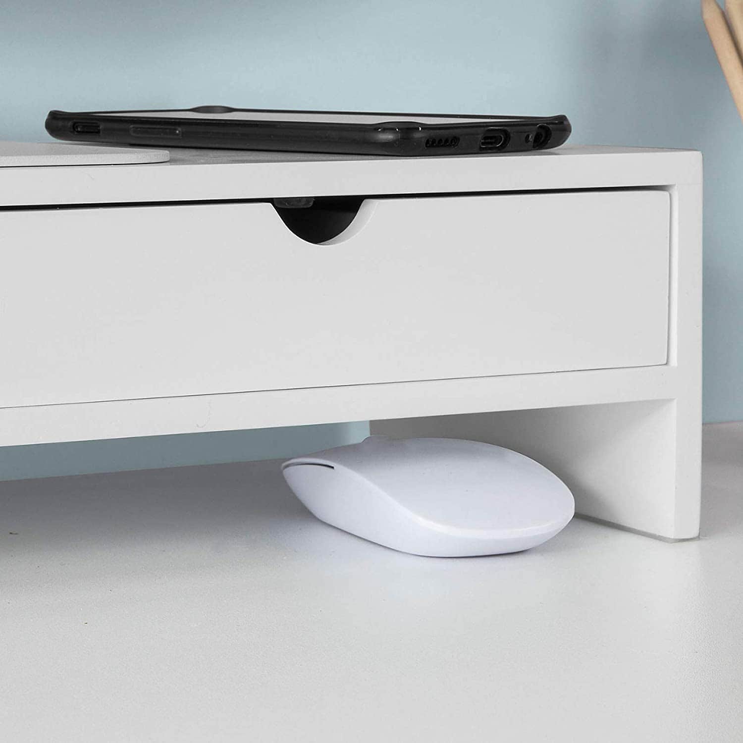 White Monitor Stand Desk Organizer With 2 Drawers