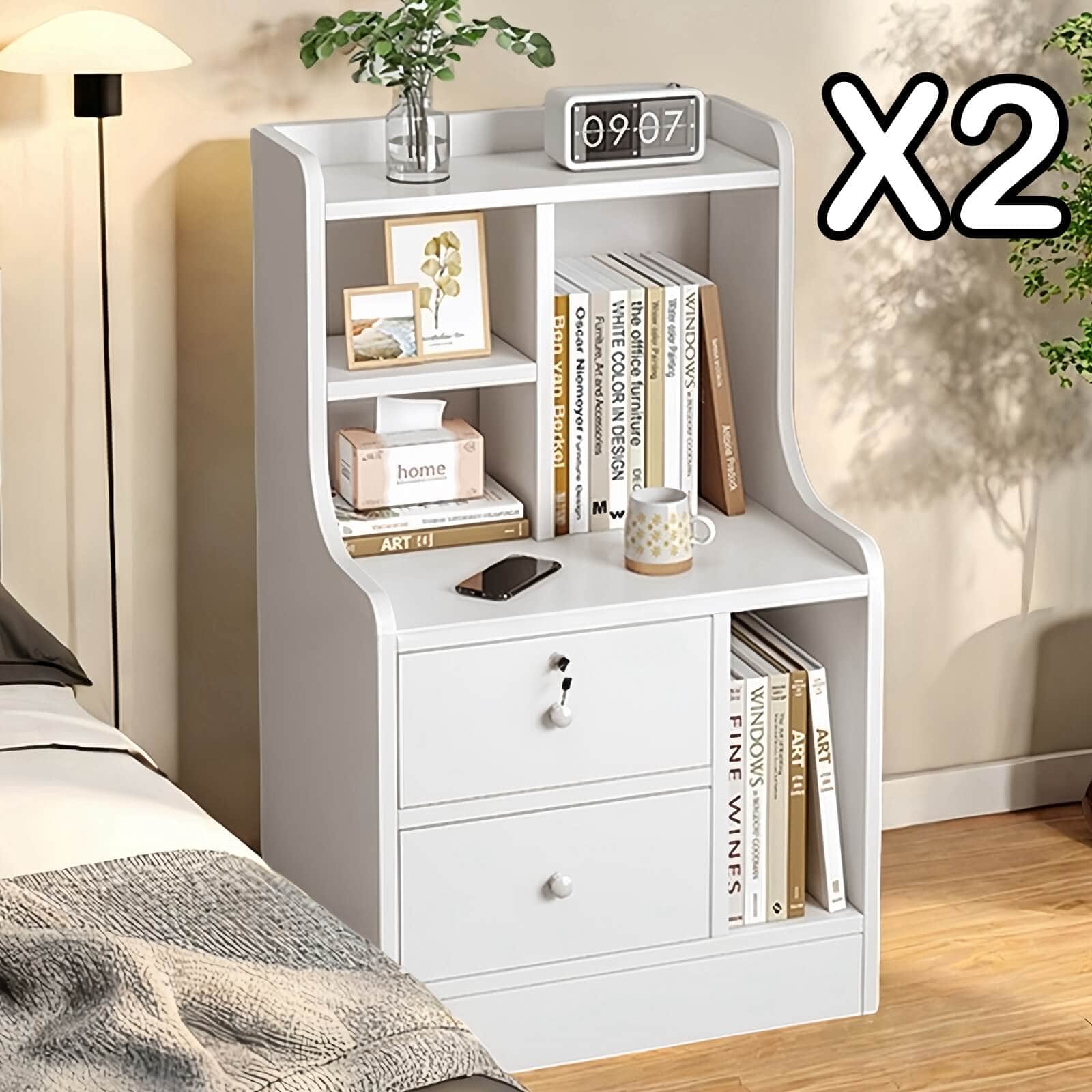 White Nightstand Security Drawer Open Shelf Storage Tray Wooden Knob Minimalist