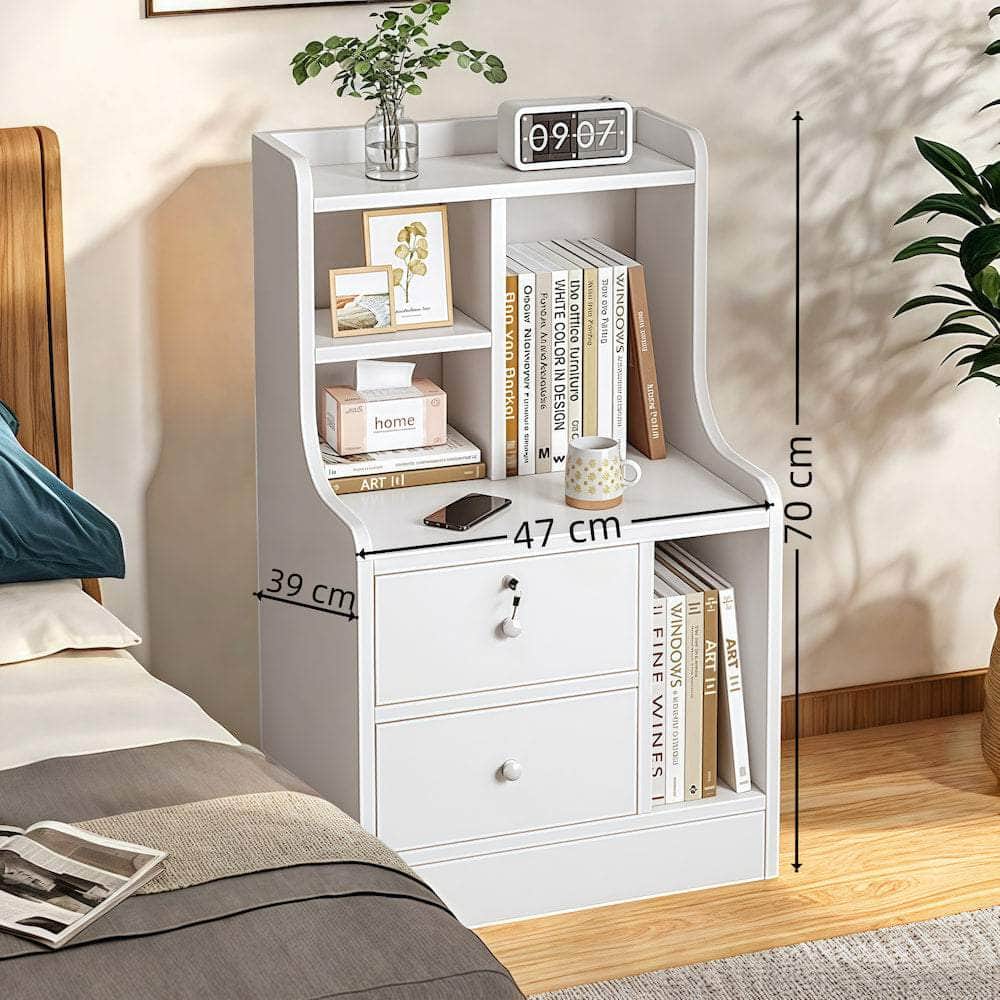 White Nightstand Security Drawer Open Shelf Storage Tray Wooden Knob Minimalist