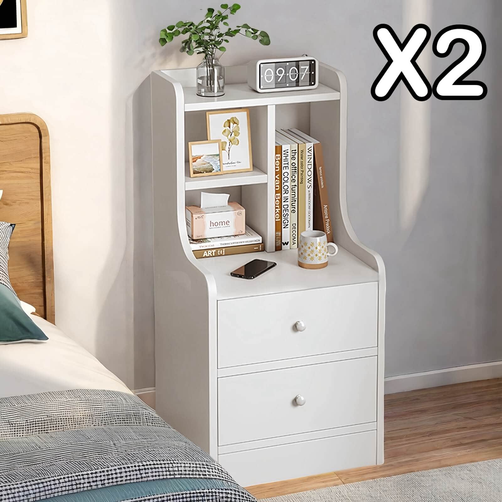 White Nightstand Wooden Knobs Divided Storage Sections Drawers Curved Sides