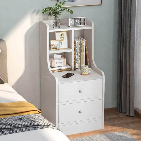 White Nightstand Wooden Knobs Divided Storage Sections Drawers Curved Sides