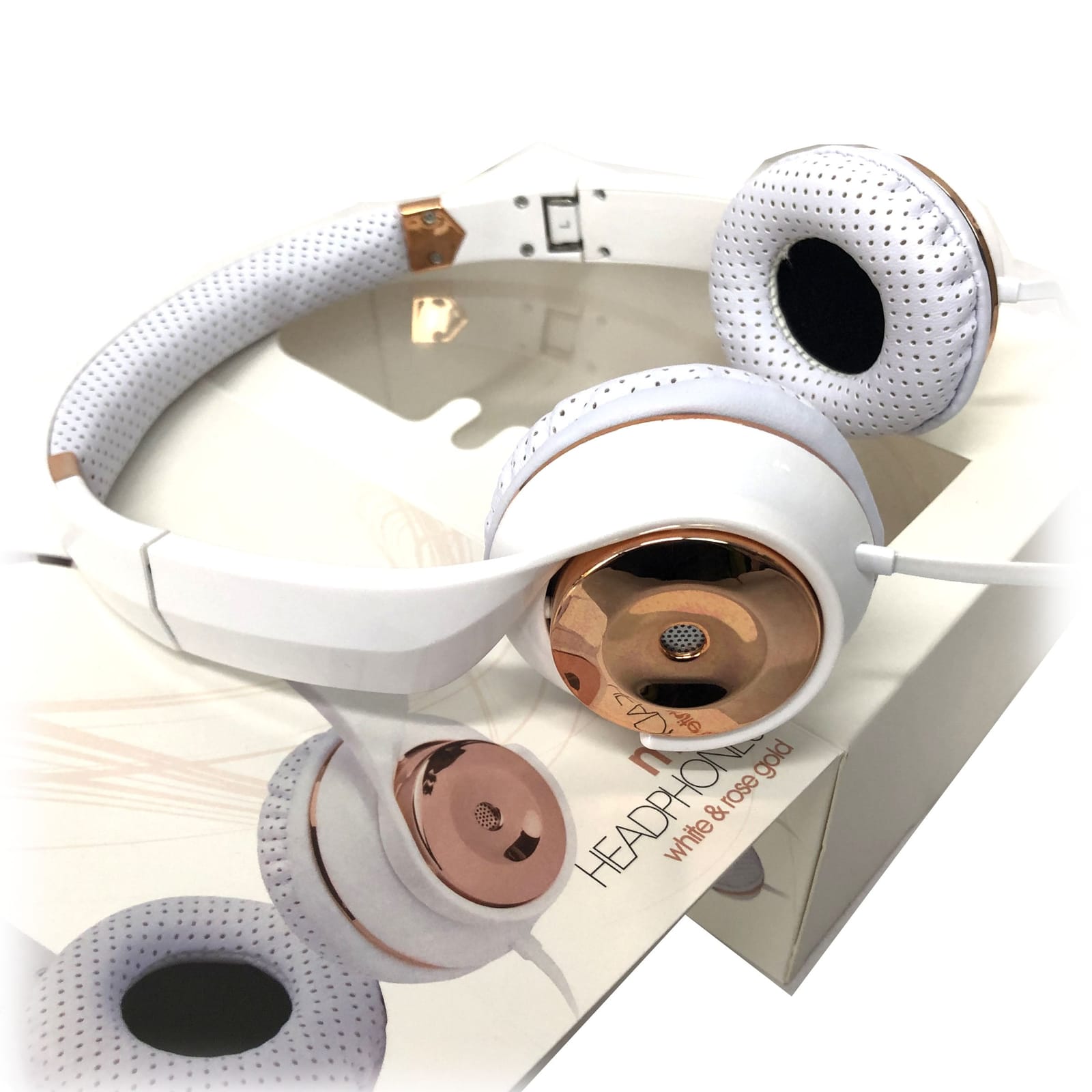 White Rose Gold Holysmoke Motif On Ear Foldable Headphones, White colour