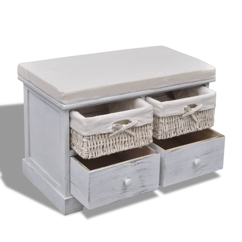 White Wooden Storage Bench 2 Weaving Baskets 2 Drawers