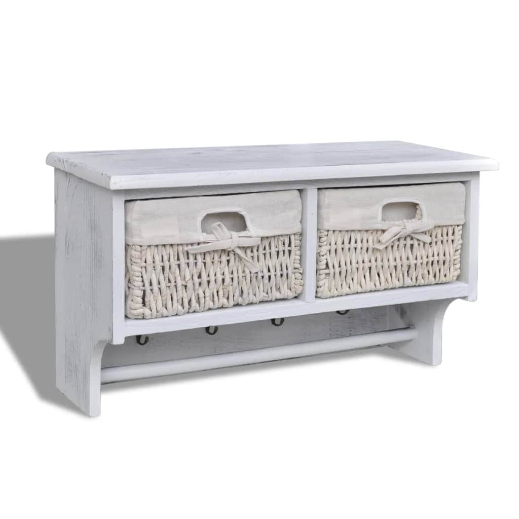 White Wooden Wall Shelf With Hangers 2 Weaving Baskets 4 Hooks on Afterpay | ZipPay | LayBuy | Klarna