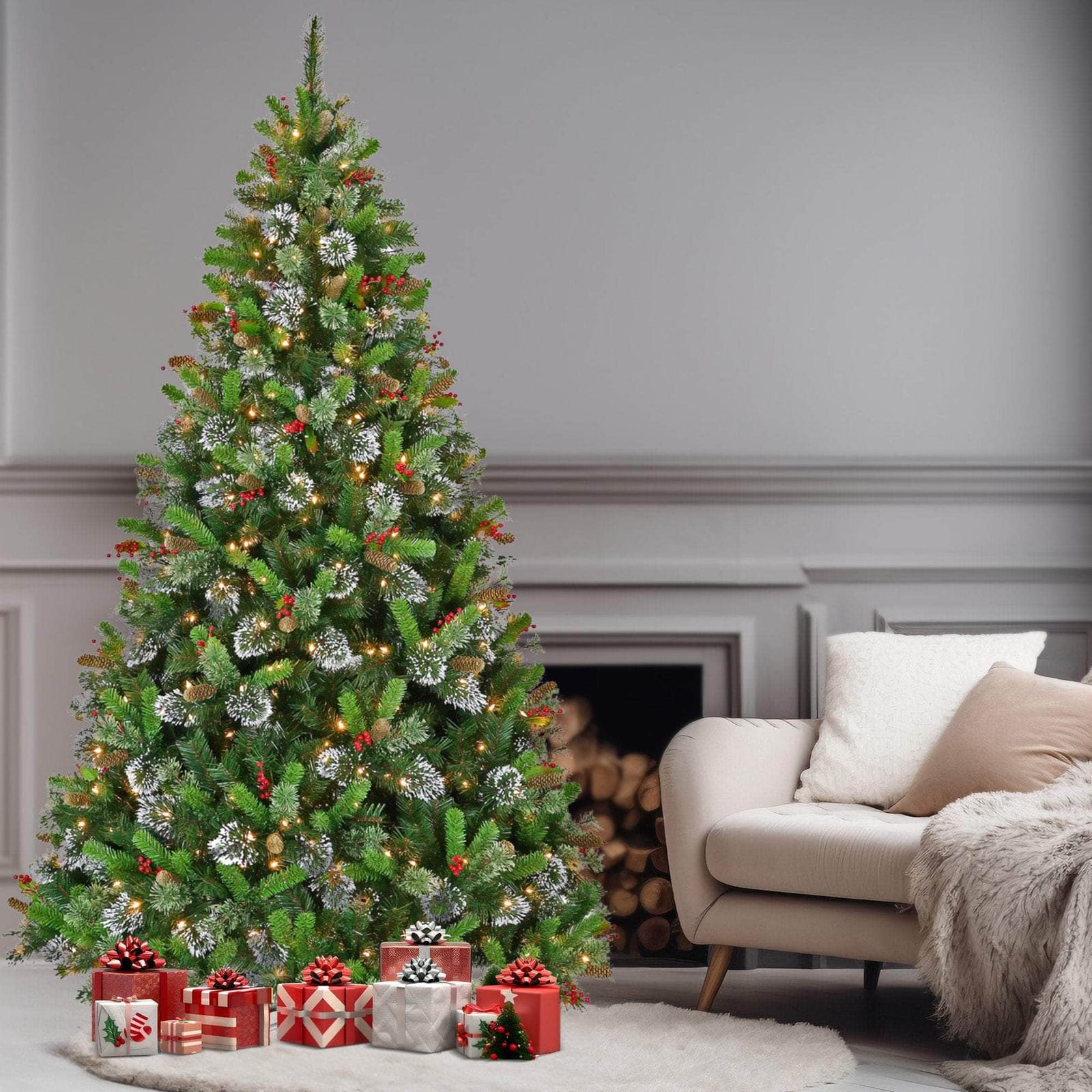 7.5ft Christmas Tree with Twinkle Lights - Wintry Pine with Pine finish