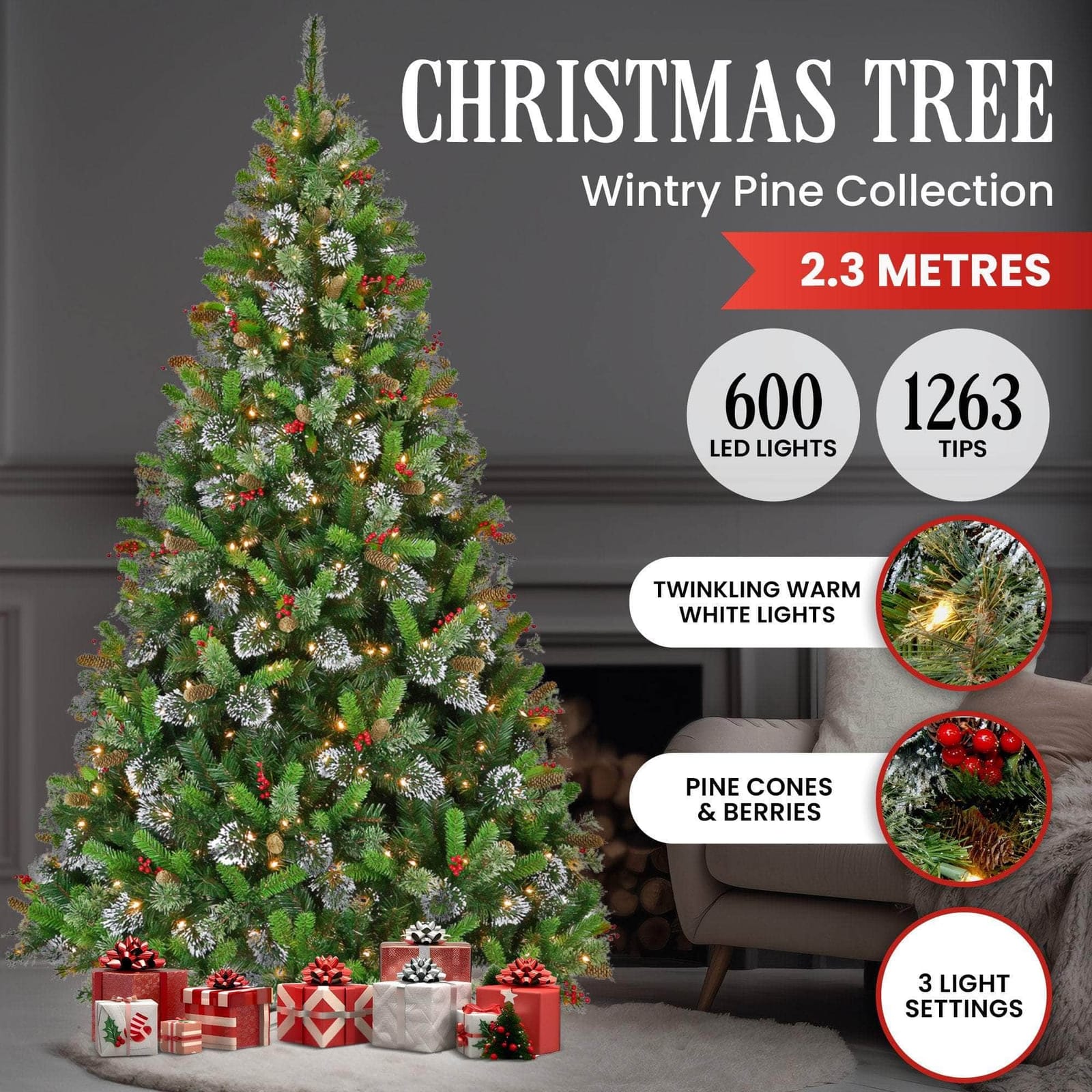 7.5ft Christmas Tree with Twinkle Lights - Wintry Pine with Christmas
