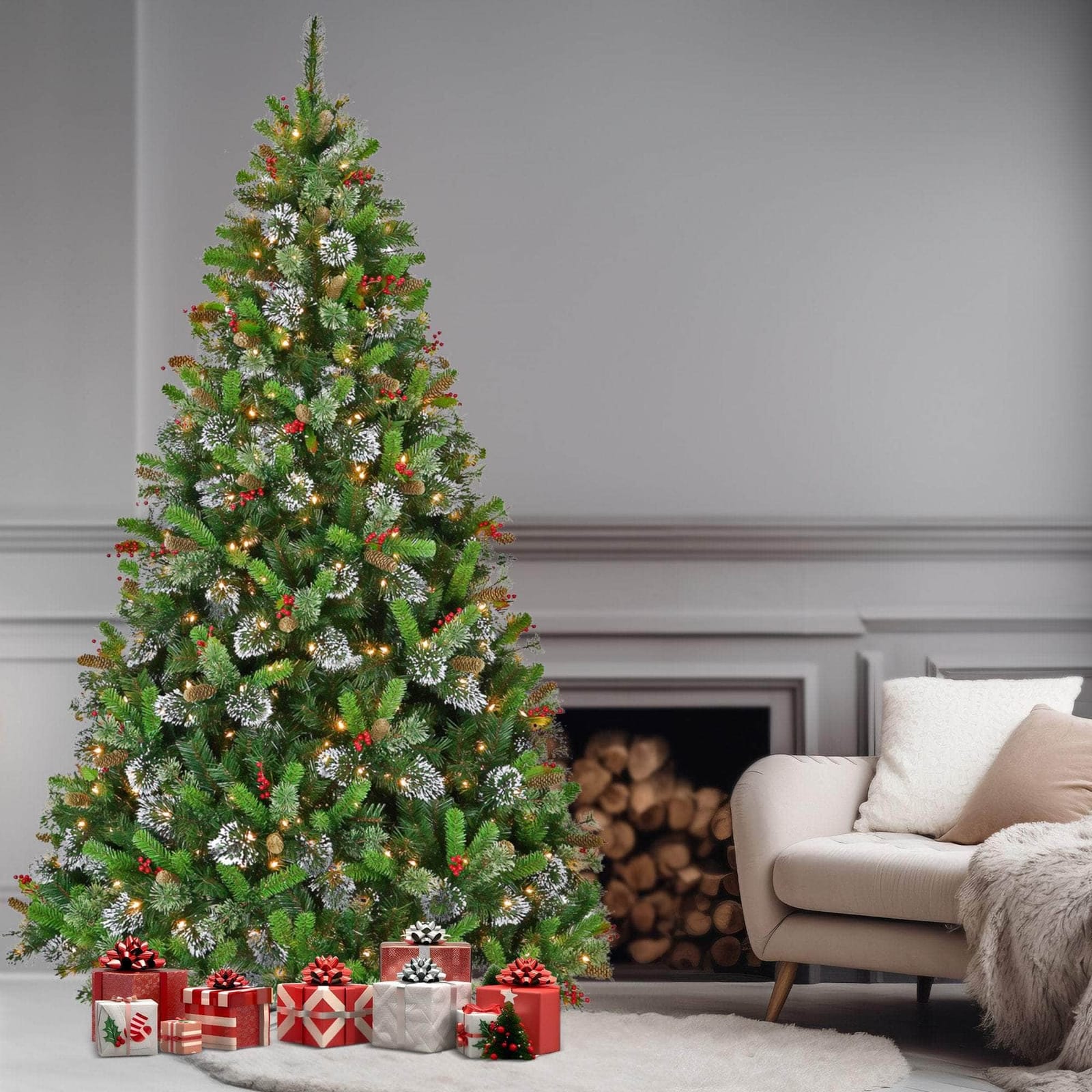 9ft Christmas Tree with Twinkle Lights Wintry Pine - Pine finish