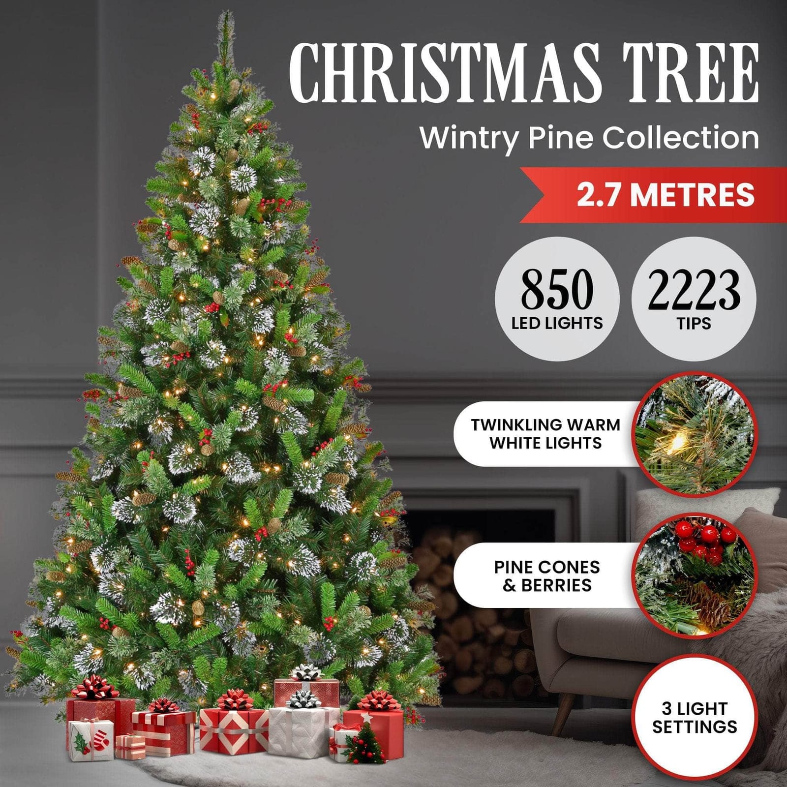 9ft Christmas Tree with Twinkle Lights Wintry Pine with Christmas
