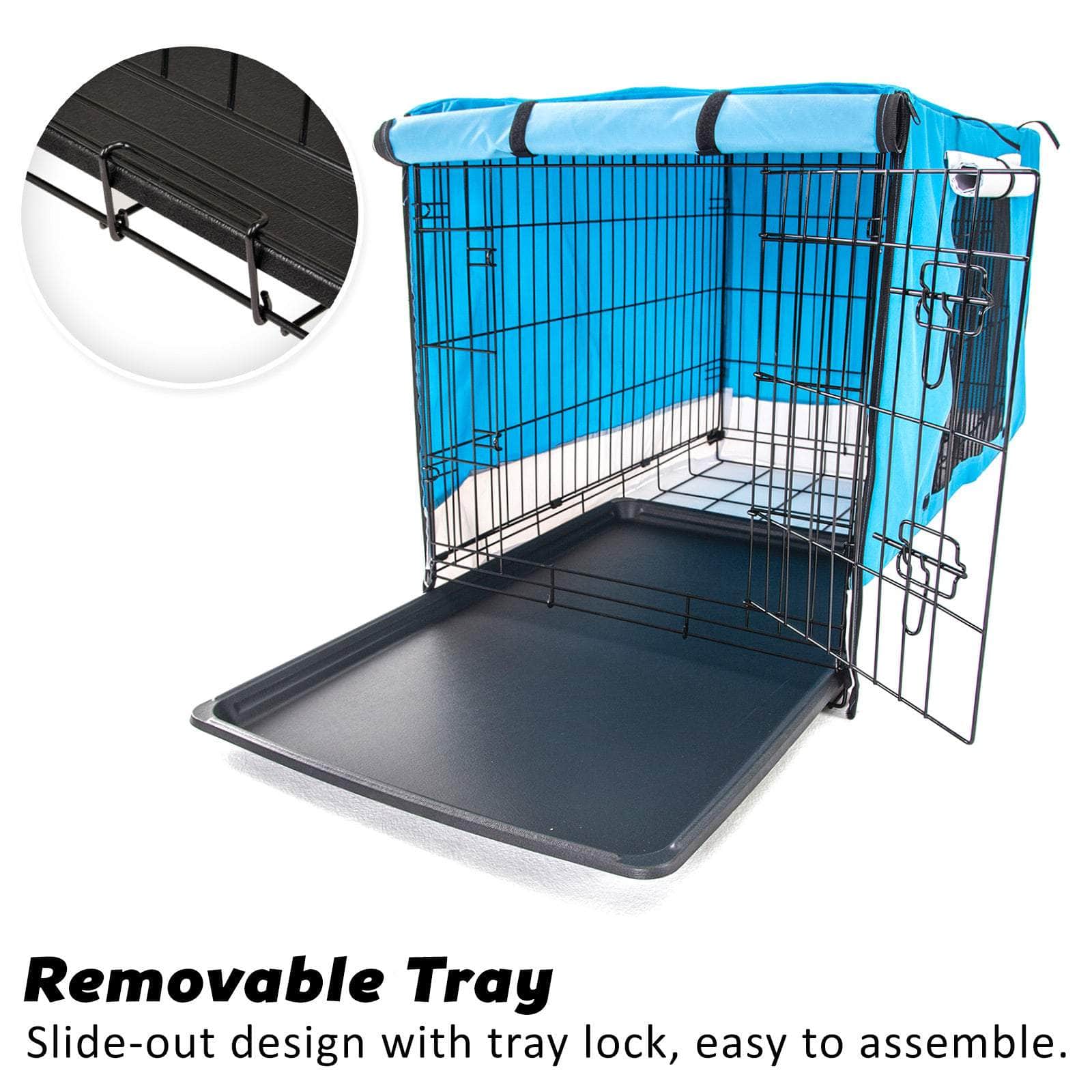 Wire Dog Cage Crate 24In With Tray + Cushion Mat + Blue Cover Combo