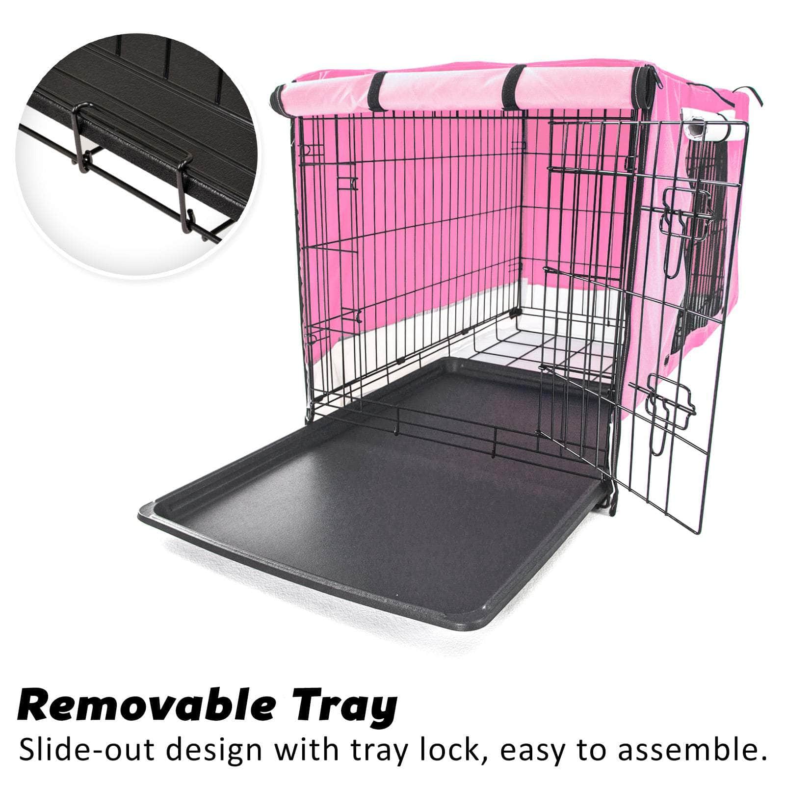 Wire Dog Cage Crate 24In With Tray + Cushion Mat + Pink Cover Combo