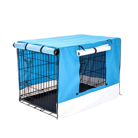 Wire Dog Cage Foldable Crate Kennel 30In With Tray + Blue Cover Combo