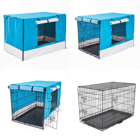 Wire Dog Cage Foldable Crate Kennel 30In With Tray + Blue Cover Combo