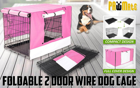 Wire Dog Cage Foldable Crate Kennel 30In With Tray + Pink Cover Combo