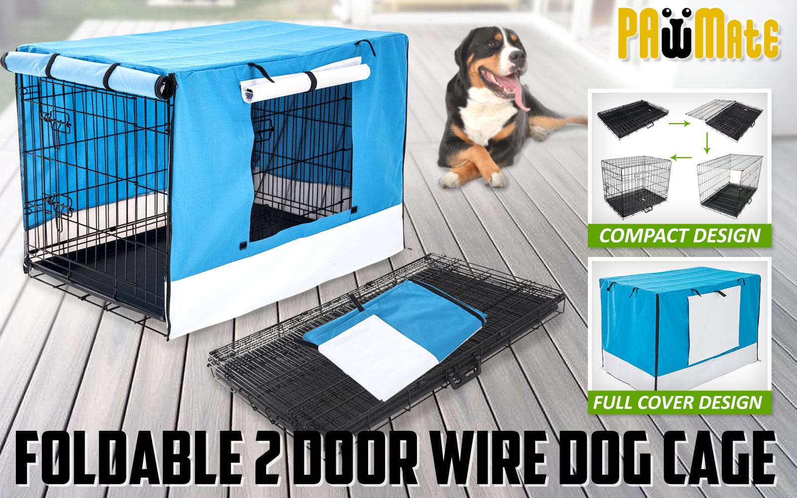 Wire Dog Cage Foldable Crate Kennel 36in with Tray + BLUE Cover Combo, Blue colour - photo 16
