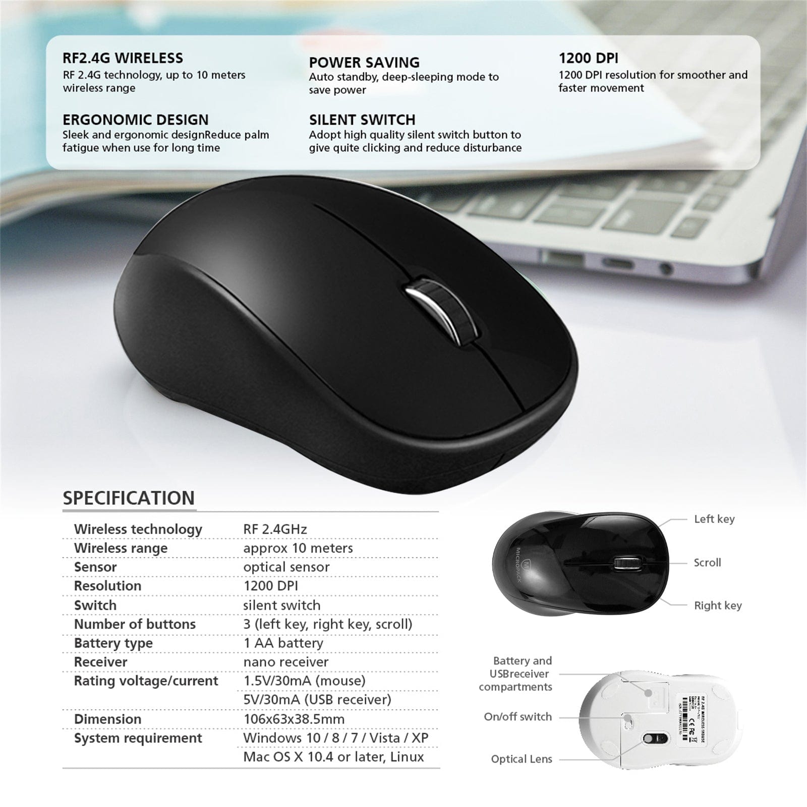 Wireless PC Laptop Desktop Mouse Switch Bluetooth Optical Sensor nano receiver