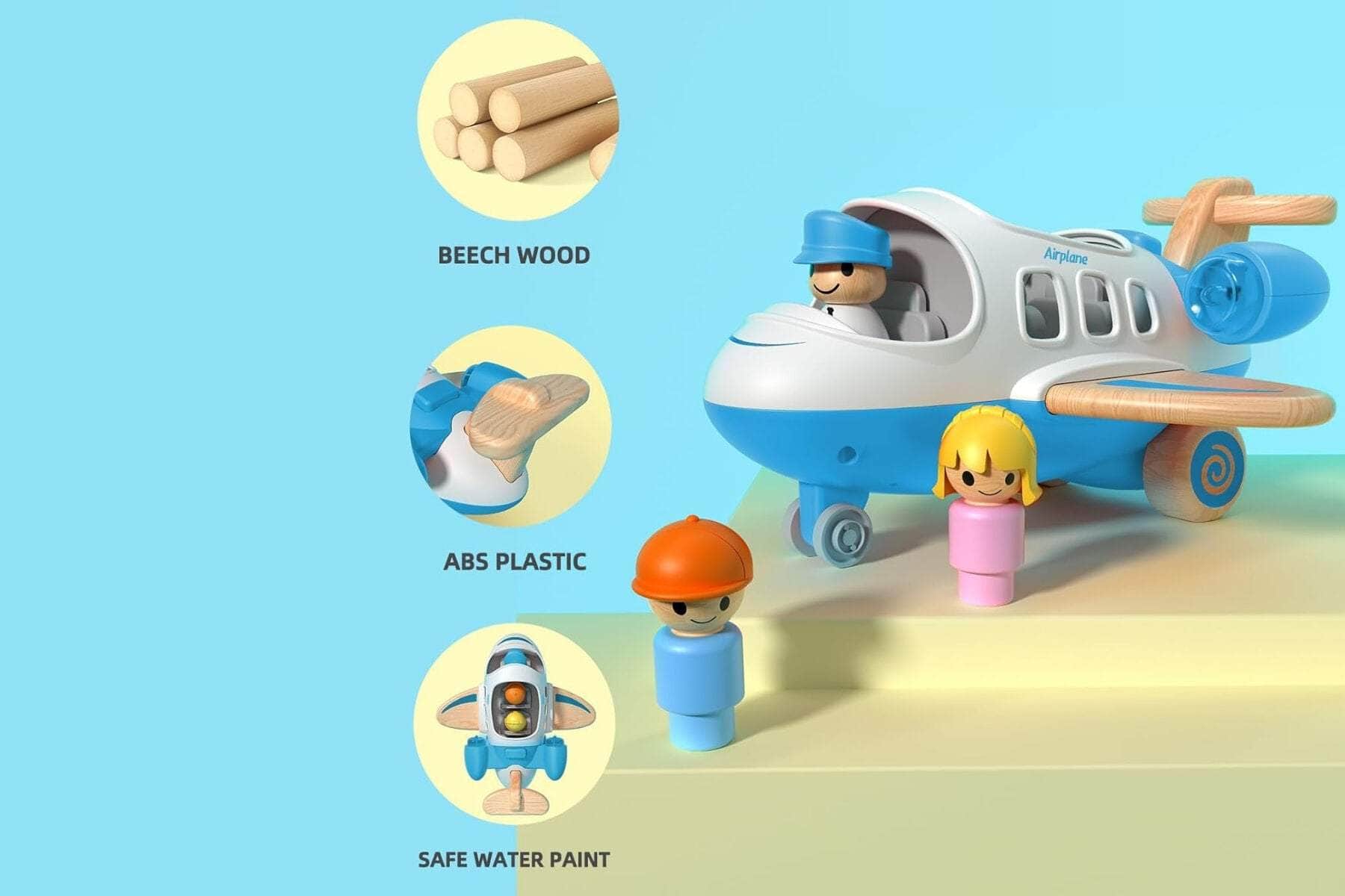 Wooden airplane with sound and light blue