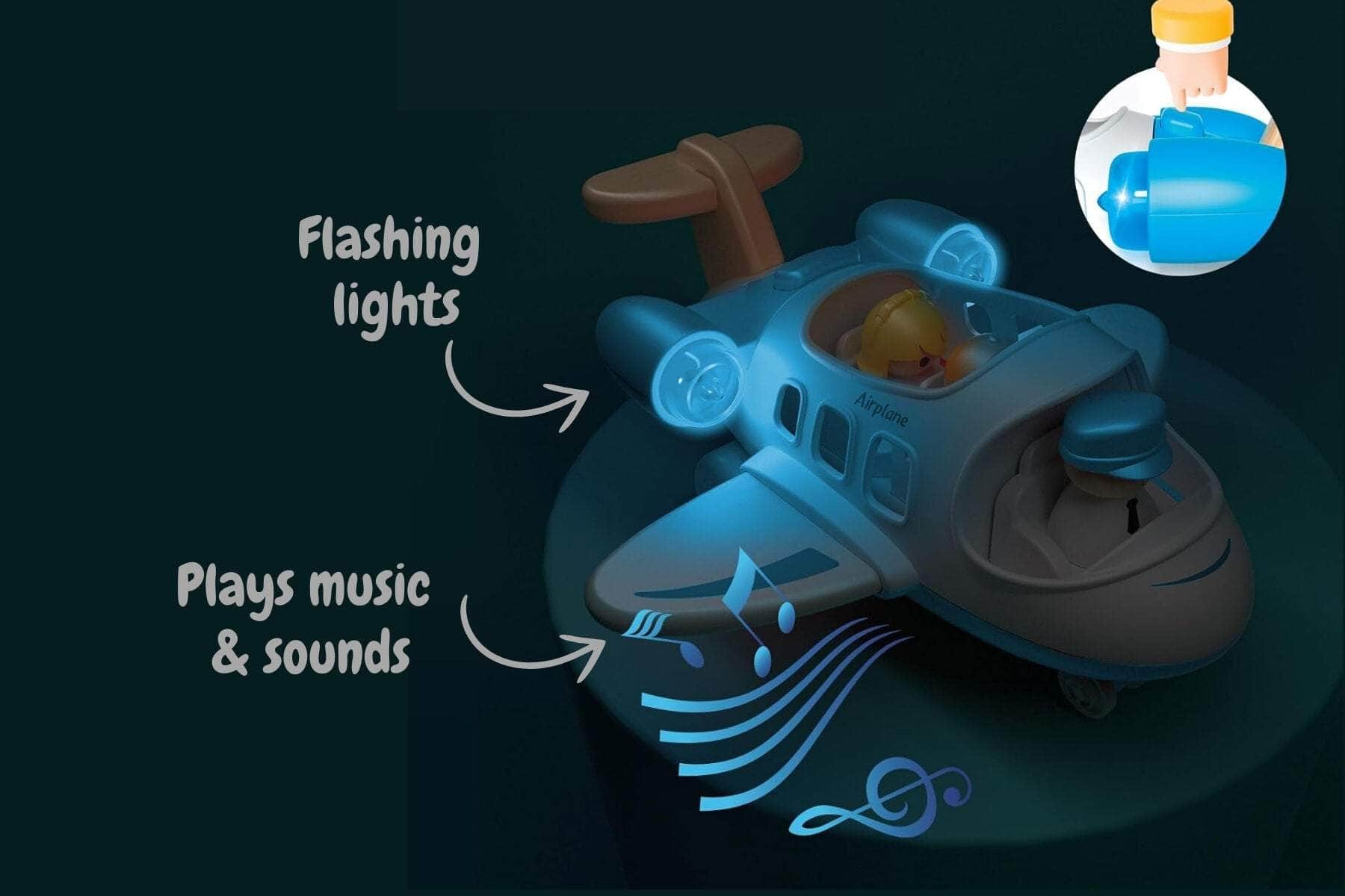Wooden airplane with sound and light blue