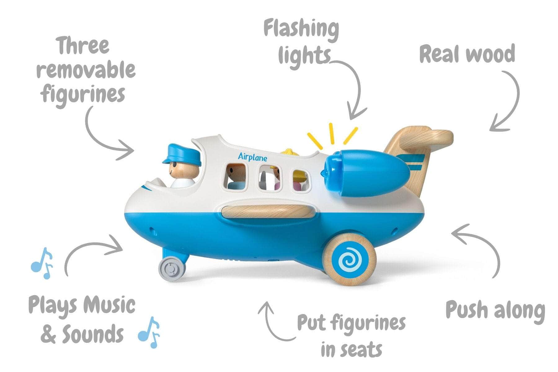 Wooden airplane with sound and light blue