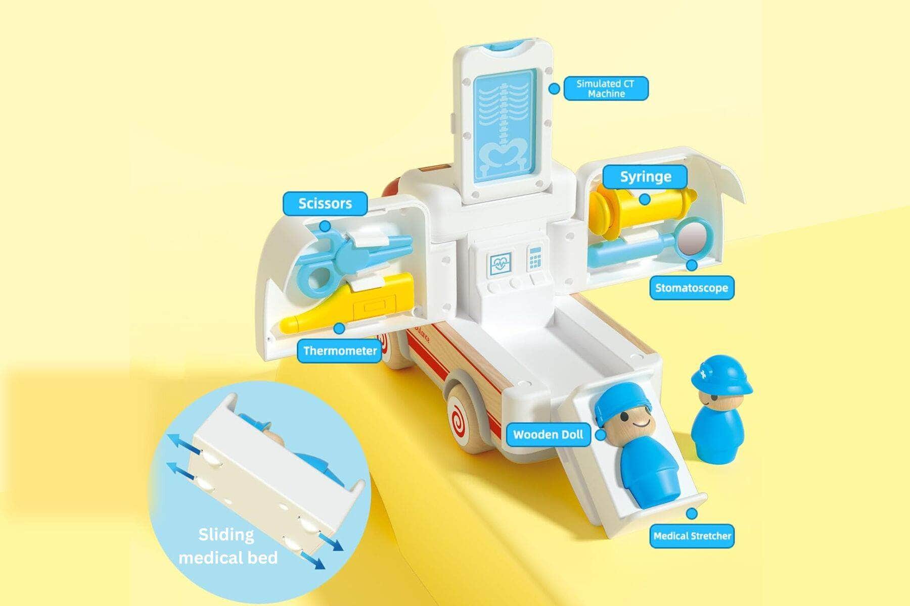 Wooden ambulance and accessories with sound and light