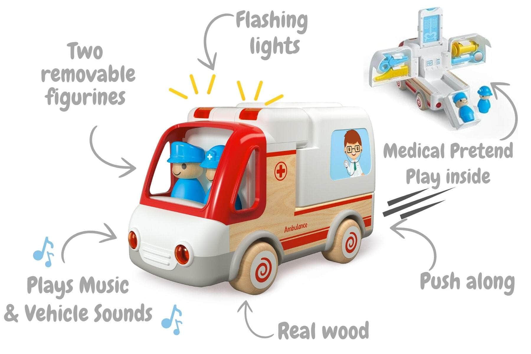 Wooden ambulance and accessories with sound and light