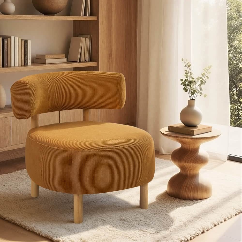 Wooden Armchair Lounge Chair Linen Fabric Accent Living Room Seat Beige /Orange/Green