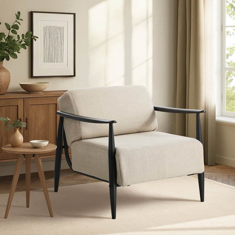 Wooden Armchair Lounge Sofa Fabric Accent Chair Beige/Grey Living Room Seat